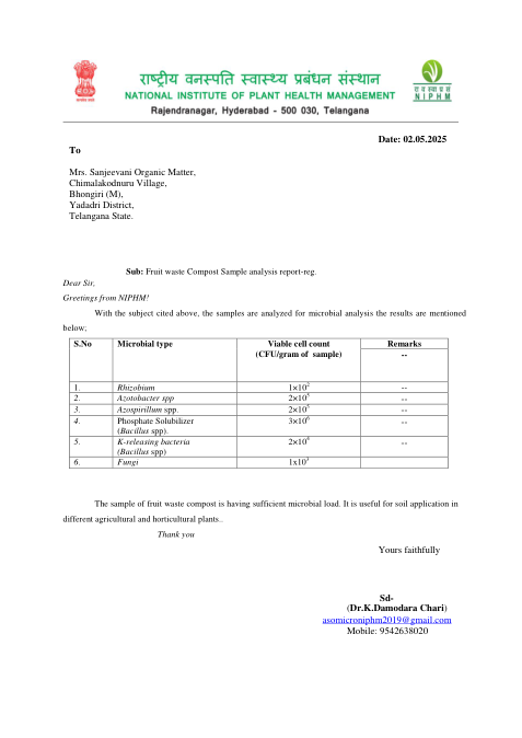 First page of NIPHM Compost Analysis Report
